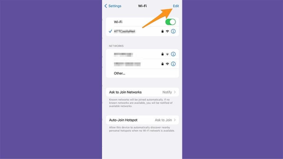 The iOS Settings app, showing where to find the Edit button that will help you find previous WiFi passwords.