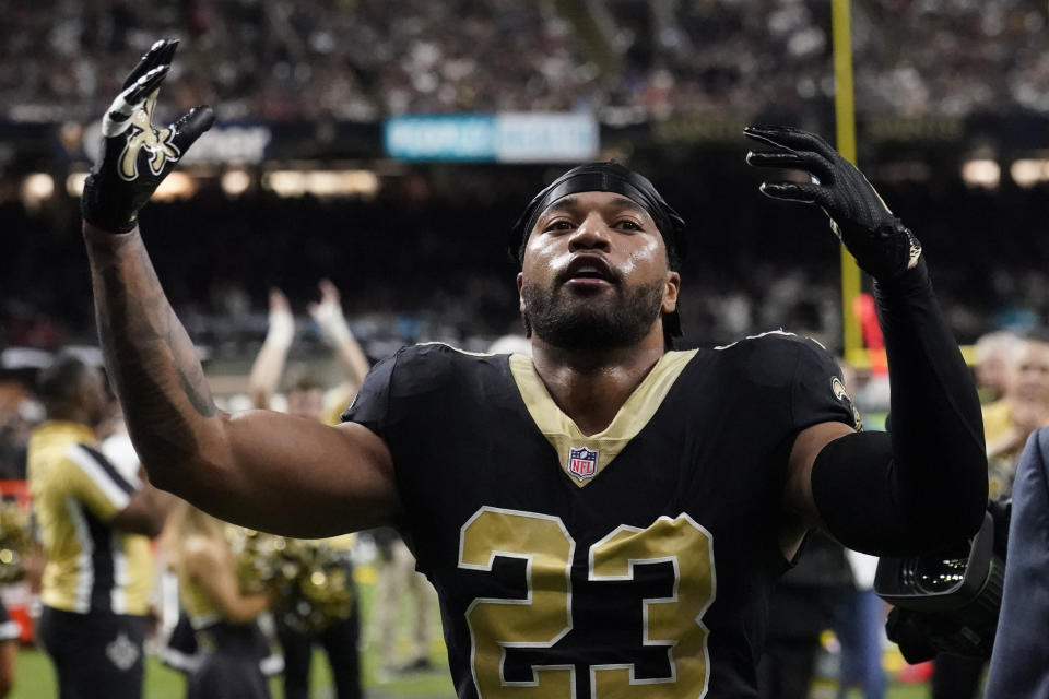 New Orleans Saints cornerback Marshon Lattimore reacts after being thrown out of the game after a brawl against the Tampa Bay Buccaneers during the second half of an NFL football game in New Orleans, Sunday, Sept. 18, 2022. (AP Photo/Gerald Herbert)