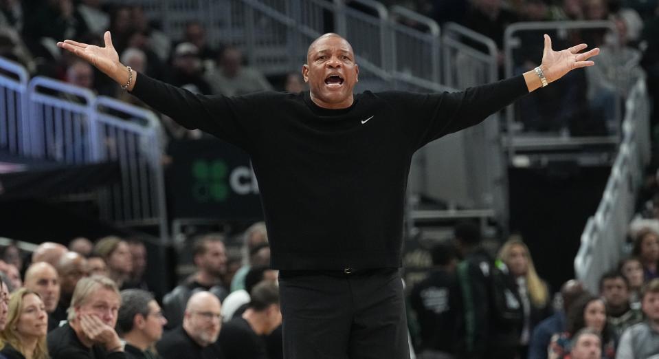 Milwaukee Bucks coach Doc Rivers is shown during the first half of their game against the Minnesota Timberwolves on Feb. 8, 2024, at Fiserv Forum in Milwaukee.