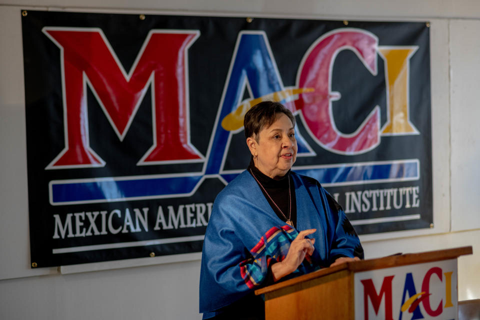 Lily Limón, Mexican American Cultural Institute board secretary, speaks during the lease signing agreement at the Lincoln Center.