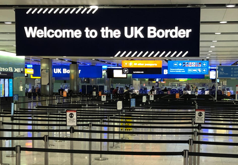 A UK border sign welcomes passengers on arrival at Heathrow airport in west London on December 31, 2020. - Brexit becomes a reality at 2300GMT on December 31 as Britain leaves Europe's customs union and single market, ending nearly half a century of often turbulent ties with its closest neighbours. (Photo by Ben FATHERS / AFP) (Photo by BEN FATHERS/AFP via Getty Images)