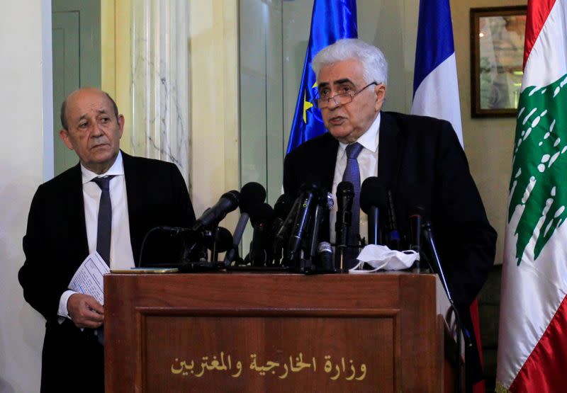 FILE PHOTO: Lebanon's Foreign Minister Nassif Hitti speaks during a news conference with French Foreign Affair Minister Jean-Yves Le Drian at the Ministry of Foreign Affairs in Beirut