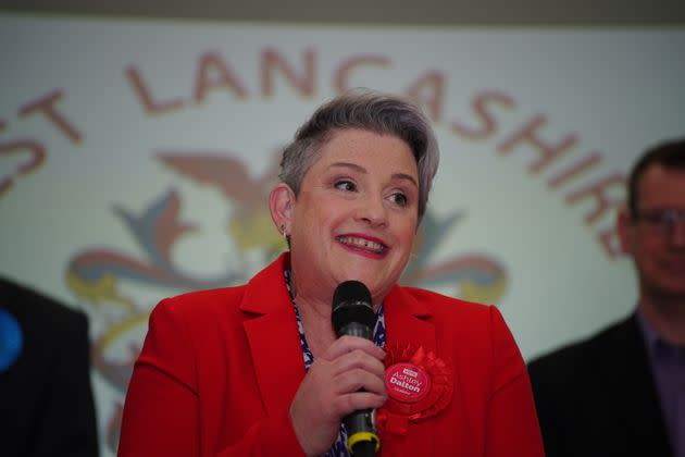 Labour's Ashley Dalton celebrates after being declared the winner in the West Lancashire by-election at Burscough Racquet and Fitness Centre in Ormskirk, Lancashire.