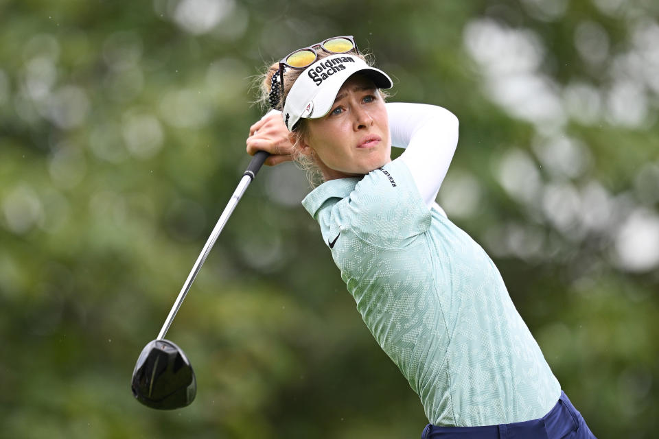 Nelly Korda of the United States tees off on the 15th hole during the Third Round of the Amundi Evian Championship at Evian Resort Golf Club on July 29, 2023 in Evian-les-Bains, <a class="link " href="https://sports.yahoo.com/soccer/teams/france-women/" data-i13n="sec:content-canvas;subsec:anchor_text;elm:context_link" data-ylk="slk:France;sec:content-canvas;subsec:anchor_text;elm:context_link;itc:0">France</a>. (Photo by Stuart Franklin/Getty Images)