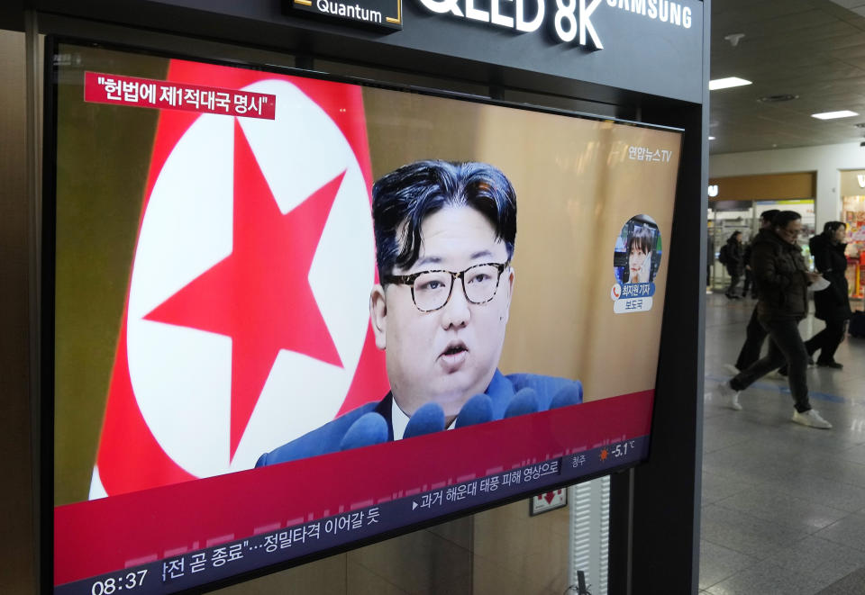 A TV screen shows an image of North Korean leader Kim Jong Un during a news program at the Seoul Railway Station in Seoul, South Korea, Tuesday, Jan. 16, 2024. North Korea has abolished key government organizations tasked with managing relations with South Korea, state media said Tuesday, as authoritarian leader Kim Jong Un said he would no longer pursue reconciliation with his rival. (AP Photo/Ahn Young-joon)