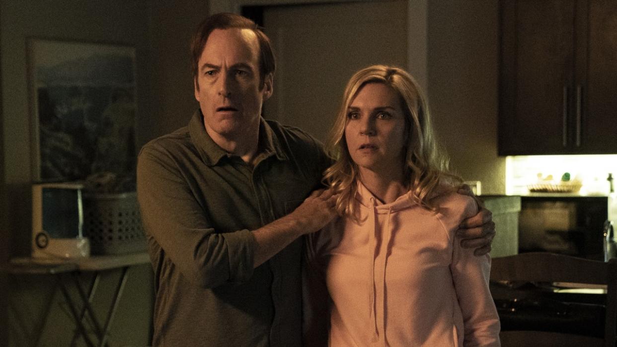  Saul and Kim shocked by Lalo in Better Call Saul. 