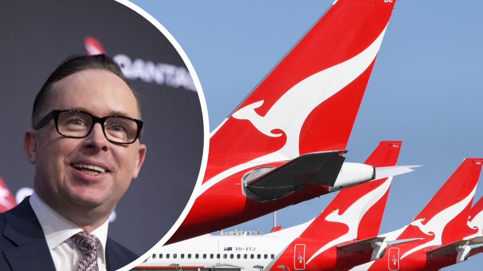 Image of Qantas tails with logo and Qantas CEO Alan Joyce