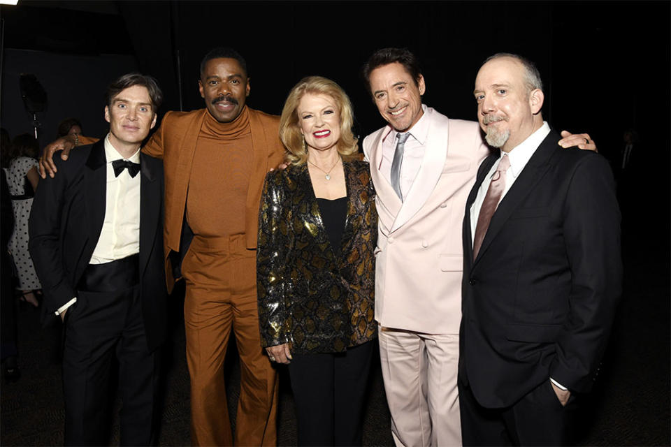 Cillian Murphy, Colman Domingo, Mary Hart, Robert Downey Jr. and Paul Giamatti poses backstage during the 35th Annual Palm Springs International Film Awards at Palm Springs Convention Center on January 04, 2024 in Palm Springs, California.