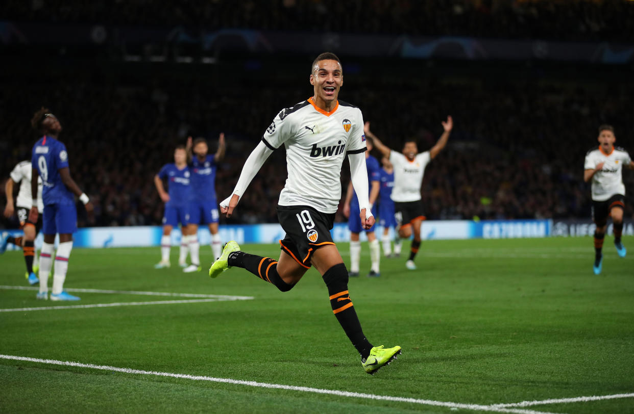 Rodrigo celebrates scoring the opening goal of the game. (Credit: Getty Images)