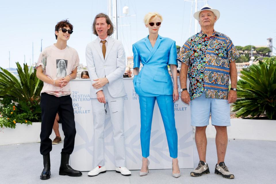Timothee Chalamet, Wes Anderson, Tilda Swinton and Bill Murray attend the "The French Dispatch" photocall during the 74th annual Cannes Film Festival on July 13, 2021 in Cannes, France