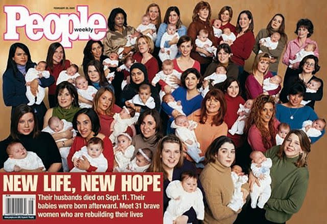 <p>People</p> Dena and baby Alexa (under the second e in the logo) with 30 other 9/11 moms and their newborns.