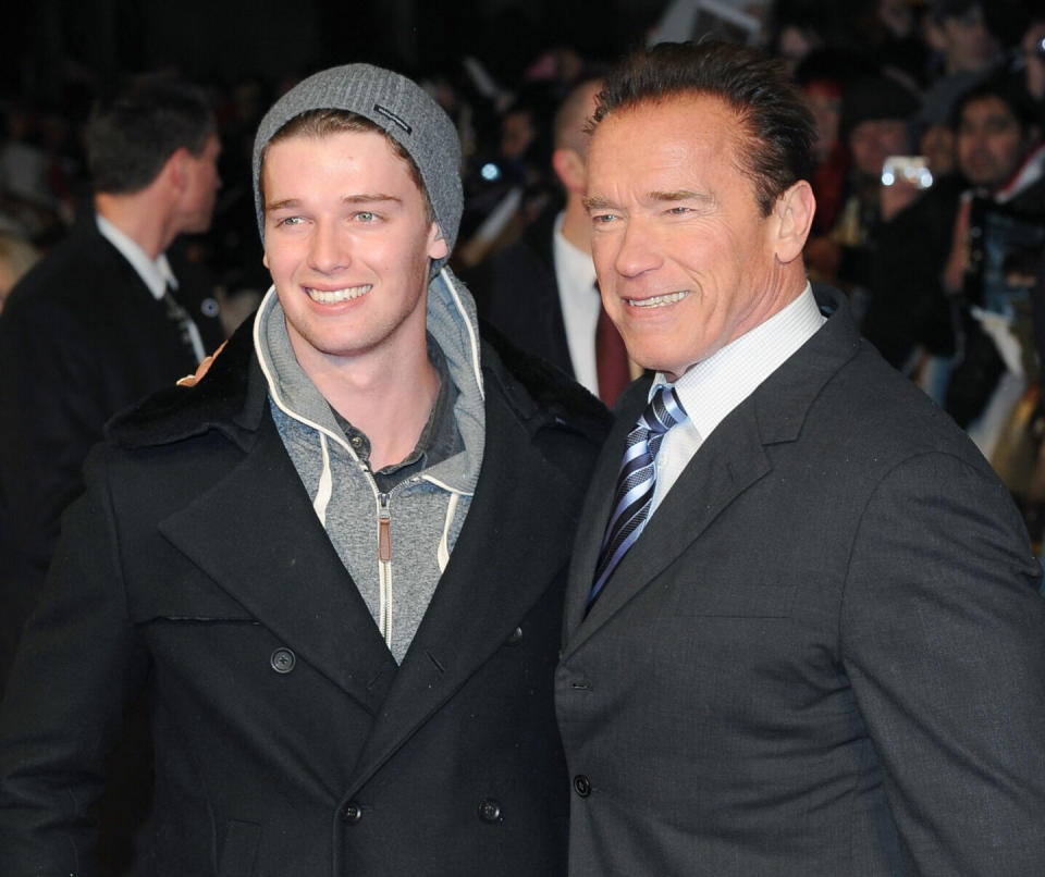 Arnold Schwarzenegger and his son Patrick Schwarzenegger attend the European Premiere of Last stand