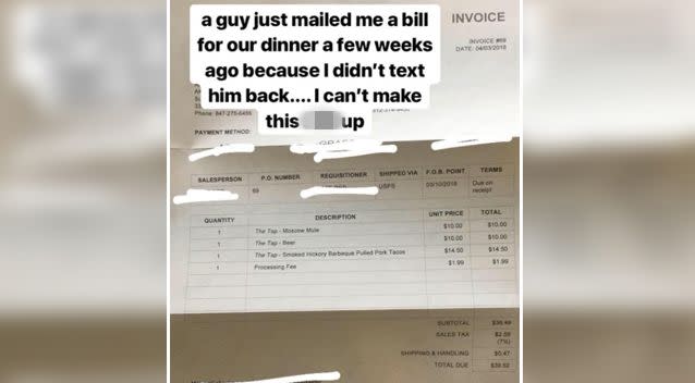 Amanda Burnett received this invoice in the mail. Source: Facebook/ Amanda Burnett