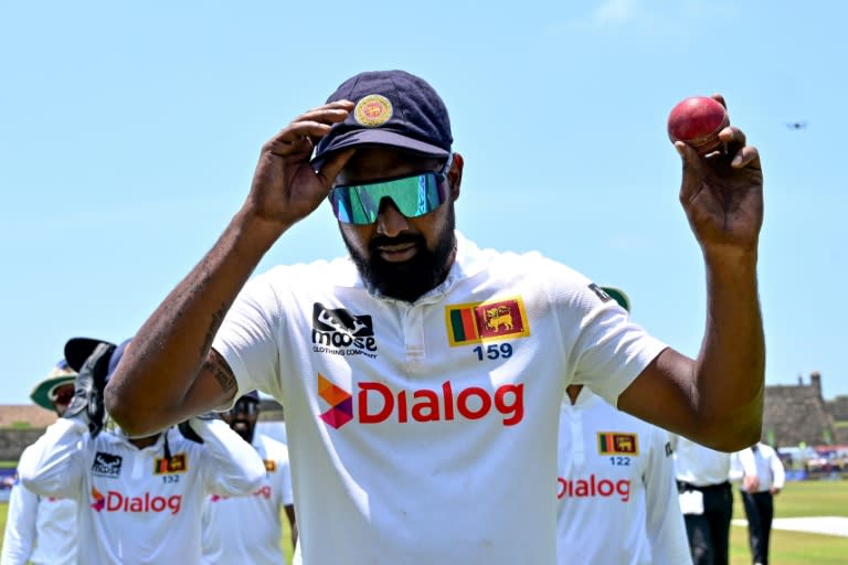 Sri Lanka's Prabath Jayasuriya celebrates his six wickets as New Zealand were 88 all out in Galle (Ishara S. KODIKARA)