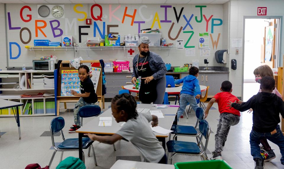 Kindergartners get a counting lesson during an after school tutoring program at Ecorse Ralph J. Bunche Elementary School on April 7, 2022, in Ecorse, Michigan.