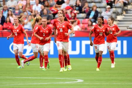 Jun 12, 2015; Vancouver, British Columbia, CAN; Switzerland celebrates after Switzerland midfielder Fabienne Humm (16) scored a goal during the second half against Ecuador in a Group C soccer match in the 2015 FIFA women's World Cup at BC Place Stadium. Mandatory Credit: Anne-Marie Sorvin-USA TODAY Sports