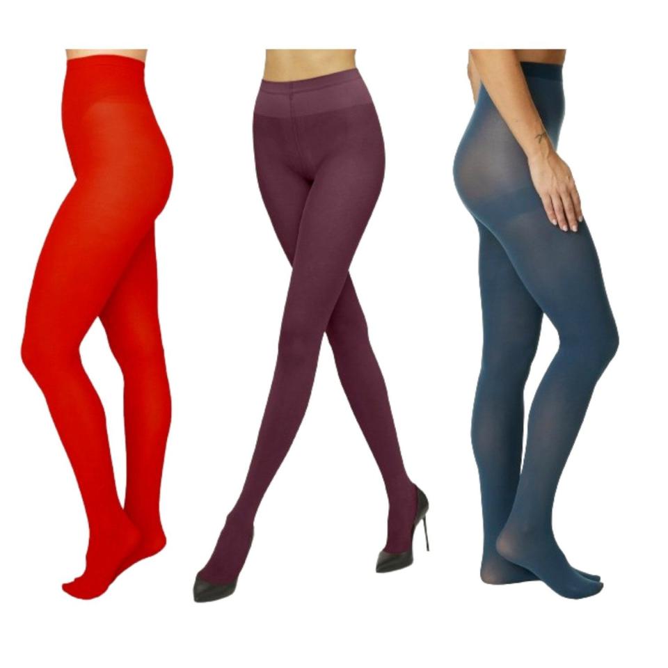 Red 60 denier, £30, Swedish Stockings; Purple 20 denier, £35, Wolford; Marine blue 40 denier, £8 for 3 pairs, Marks & Spencer