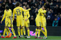 Soccer Football - Ligue 1 - Toulouse vs Paris St Germain - Stadium Municipal de Toulouse, Toulouse, France - February 10, 2018 Paris Saint-Germain’s Neymar celebrates scoring their first goal with Presnel Kimpembe and team mates REUTERS/Regis Duvignau