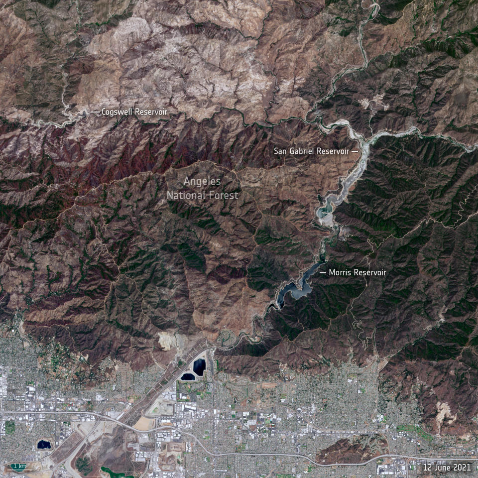 El Bosque Nacional de Ángeles y la presa San Gabriel, al noreste de Los Ángeles. En  junio de 2021, la ESA tomó otra foto que muestra secas áreas rojizas y amarillentas donde antes había verdes boscosos y masas azuladas de agua. (Agencia Especial Europea / ESA, CC BY-SA 3.0 IGO)