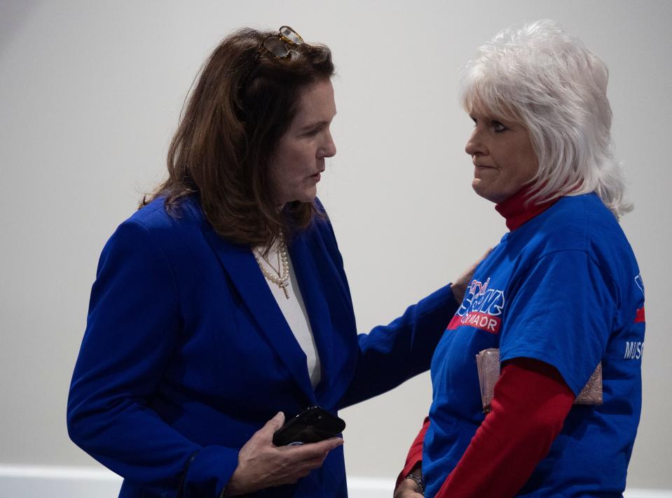 Evansville mayoral Republican candidate Cheryl Musgrave, left, thanks Kathy Touley after a concession speech during a primary election watch party at the Fraternal Order of Police Lodge 73 Tuesday, May 2, 2023. Musgrave lost to Natalie Rascher by a wide margin in the Republican mayoral primary.