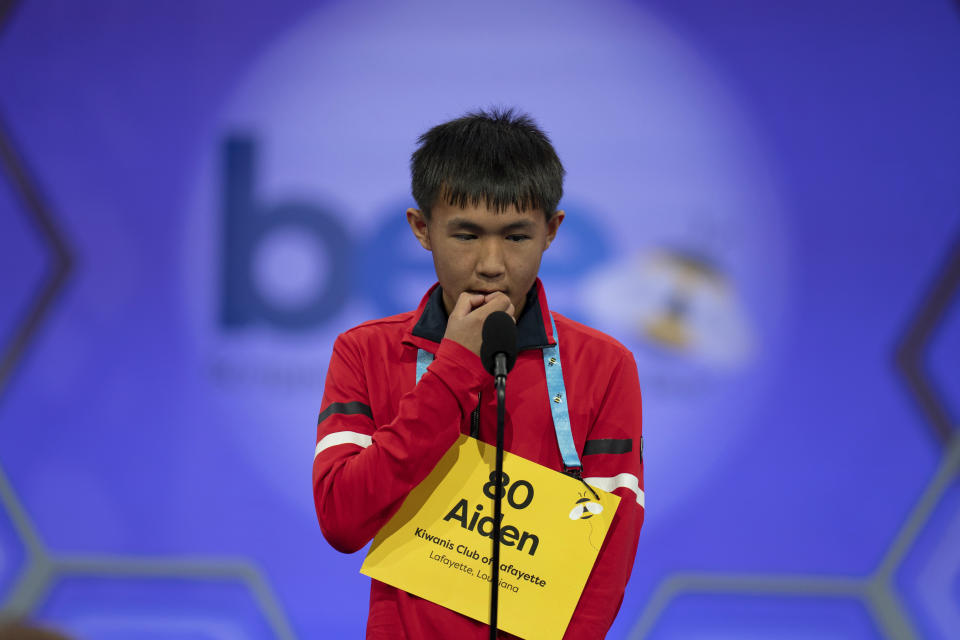 Aiden Pham, 13, from Lafayette, La., competes during the Scripps National Spelling Bee, Tuesday, May 30, 2023, in Oxon Hill, Md. (AP Photo/Nathan Howard)