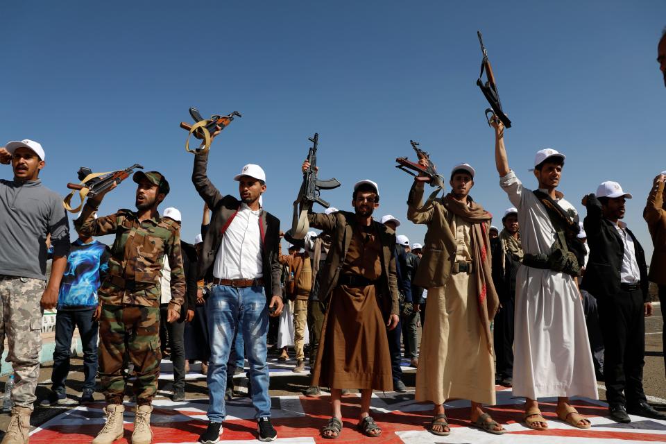 Newly recruited Houthi fighters attend a protest march against the U.S.-led strikes on Yemen and the Israeli war in the Gaza Strip on Feb. 21, 2024, in Sanaa, Yemen.