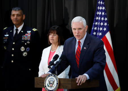 U.S. Vice President Mike Pence speaks during an Easter fellowship dinner at a military base in Seoul, South Korea, April 16, 2017. REUTERS/Kim Hong-Ji