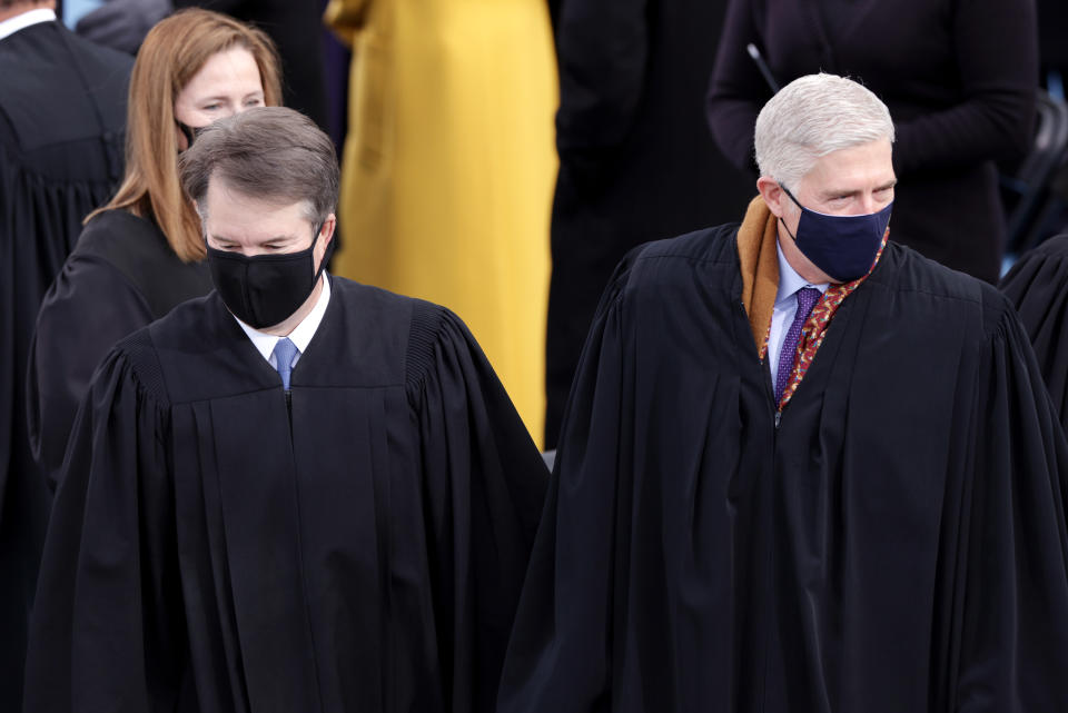U.S. Supreme Court Associate Justices Brett Kavanaugh, Amy Coney Barrett and Neil M. Gorsuch arrive to the inauguration of U.S. President-elect Joe Biden on the West Front of the U.S. Capitol on January 20, 2021 in Washington, DC.  (Alex Wong/Getty Images)