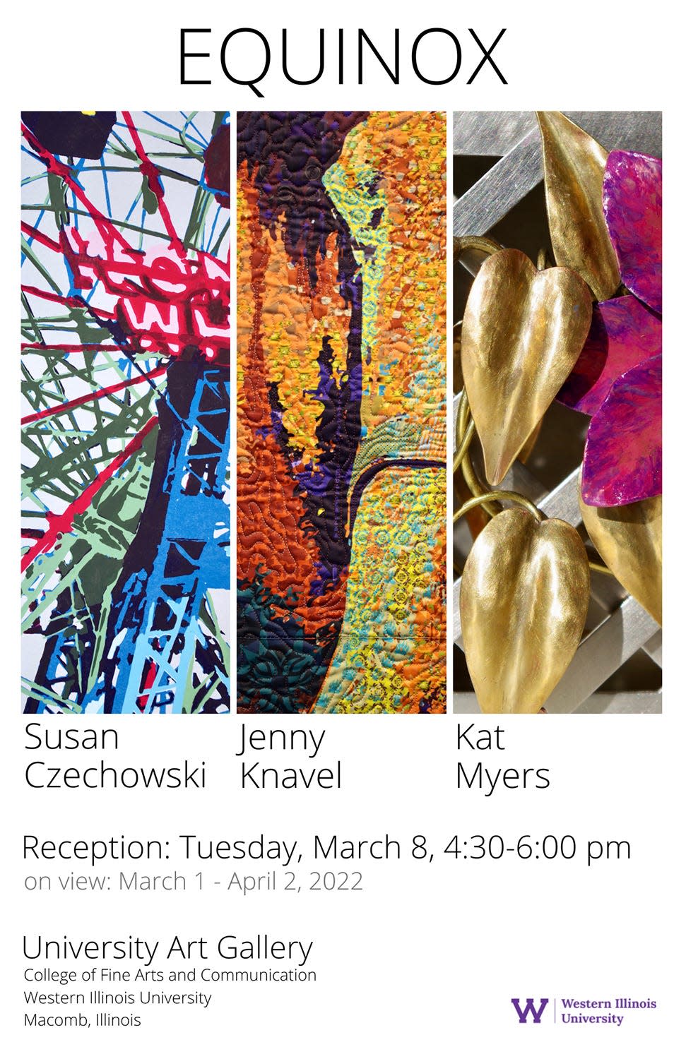 A graphic from Western Illinois University announces the faculty art exhibit, "Equinox." An artists' reception will be held at the University Art Gallery Tuesday, March 8 from 4:30-6 p.m. The exhibit runs through April 2.