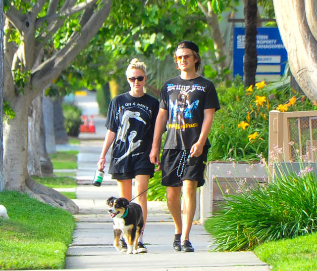 Aubrey Plaza wears a casual shirt and denim shorts while walking her dogs  in Los Feliz