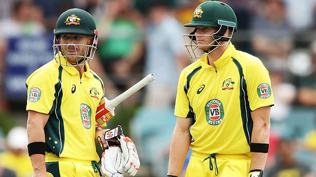 Warner and Smith batting together at Manuka Oval. Image: Getty