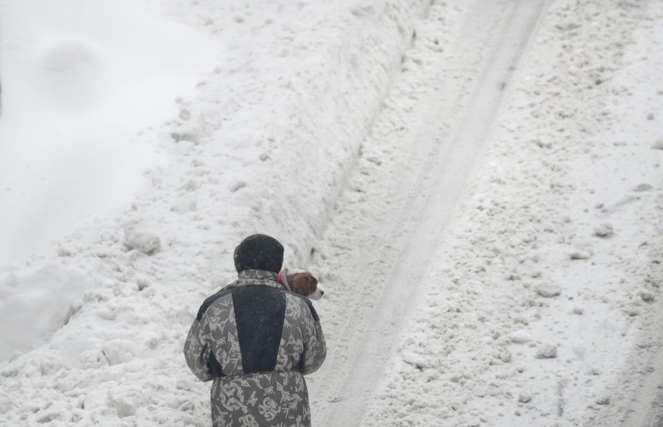 A woman carries a dog on a snowy street in Bucharest, Romania, Monday, Jan. 27, 2014. Heavy snow storms affected the southeastern regions of Romania leading to delays in the railway and air traffic, cancellation of 60 trains, closure of roads and prompted the authorities to halt all heavy traffic and close schools in affected areas.(AP Photo/Vadim Ghirda)