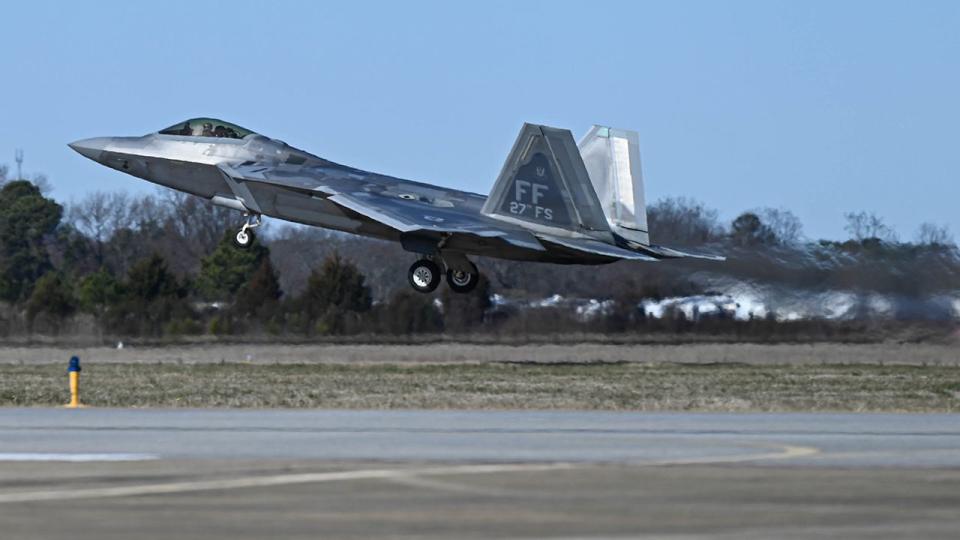 A U.S. Air Force pilot takes off in an F-22 Raptor at Joint Base Langley-Eustis, Virginia, Feb. 4, 2023. Active duty, Reserve, National Guard, and civilian personnel planned and executed the operation, and partners from the U.S. Coast Guard, Federal Aviation Administration, and Federal Bureau of Investigation ensured public safety throughout the operation and recovery efforts.