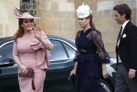 <p>Sarah Duchess of York, her daughter Princess Beatrice, and her <a href="https://www.harpersbazaar.com/celebrity/latest/a25235705/who-is-princess-beatrice-boyfriend-edoardo-mapelli-mozzi/" rel="nofollow noopener" target="_blank" data-ylk="slk:boyfriend Edoardo;elm:context_link;itc:0;sec:content-canvas" class="link ">boyfriend Edoardo</a> arrive to the ceremony together. </p>