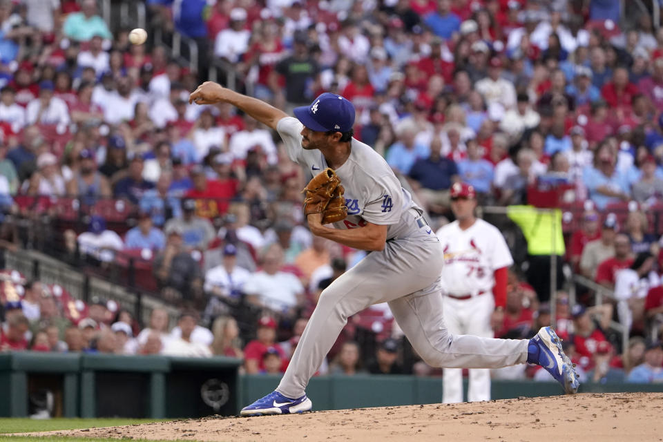 Los Angeles Dodgers starting pitcher Mitch White throws during the first inning of a baseball game against the St. Louis Cardinals Tuesday, July 12, 2022, in St. Louis. (AP Photo/Jeff Roberson)