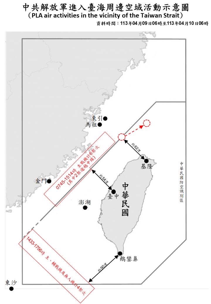 國防部2024.4.10上午公布過去24小時中共解放軍在台海空域動態。國防部