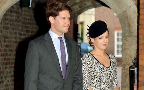 Emilia Jardine-Paterson and husband David arrive at Chapel Royal in St James's Palace, central London for the christening of Prince George of Cambridge - Credit: John Stillwell/PA