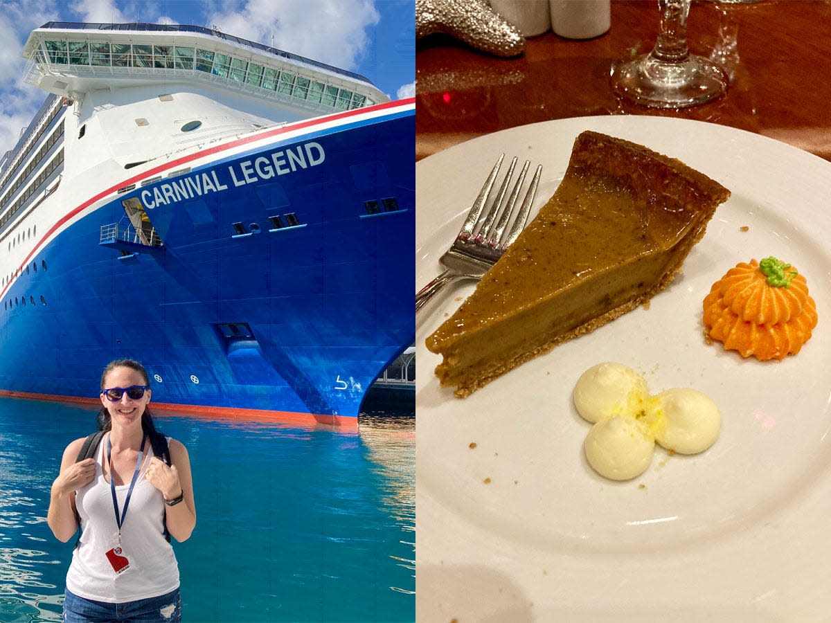 lisa galek on cruise (left), pumpkin pie (right)