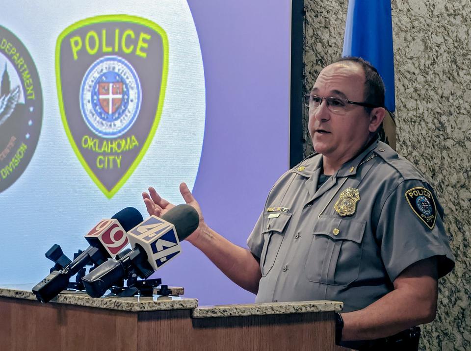 Maj. Jason Samuel, with the Oklahoma Police Department Special Operations Division, explains the department's new Real Time Information Center to reporters Dec. 15.