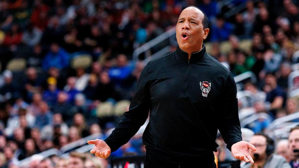 N.C. State head coach Kevin Keatts reacts on the sidelines during the first half of the Wolfpack’s NCAA Tournament second round game against Oakland on Saturday, March 23, 2024, at PPG Paints Arena in Pittsburgh, Pa.