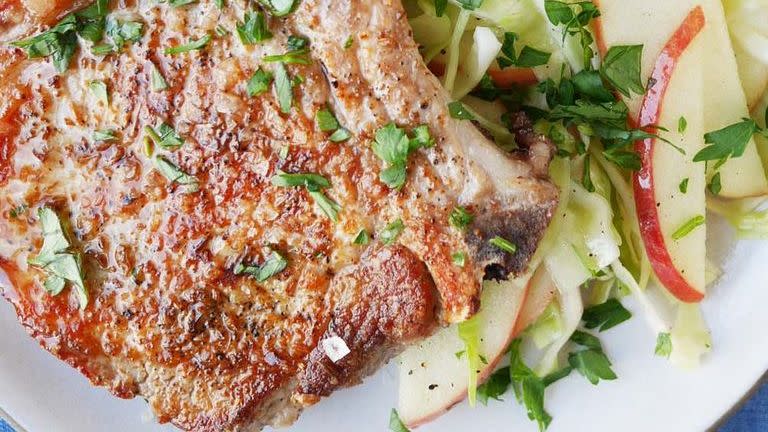 seared pork chops with apple cabbage slaw