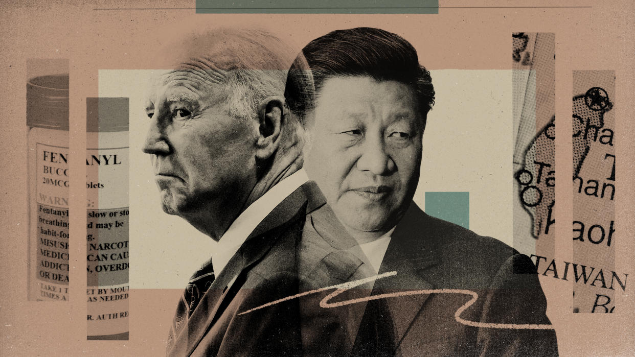  Illustration of Joe Biden and Xi Jinping with background images of a container of fentanyl and a map of Taiwan. 