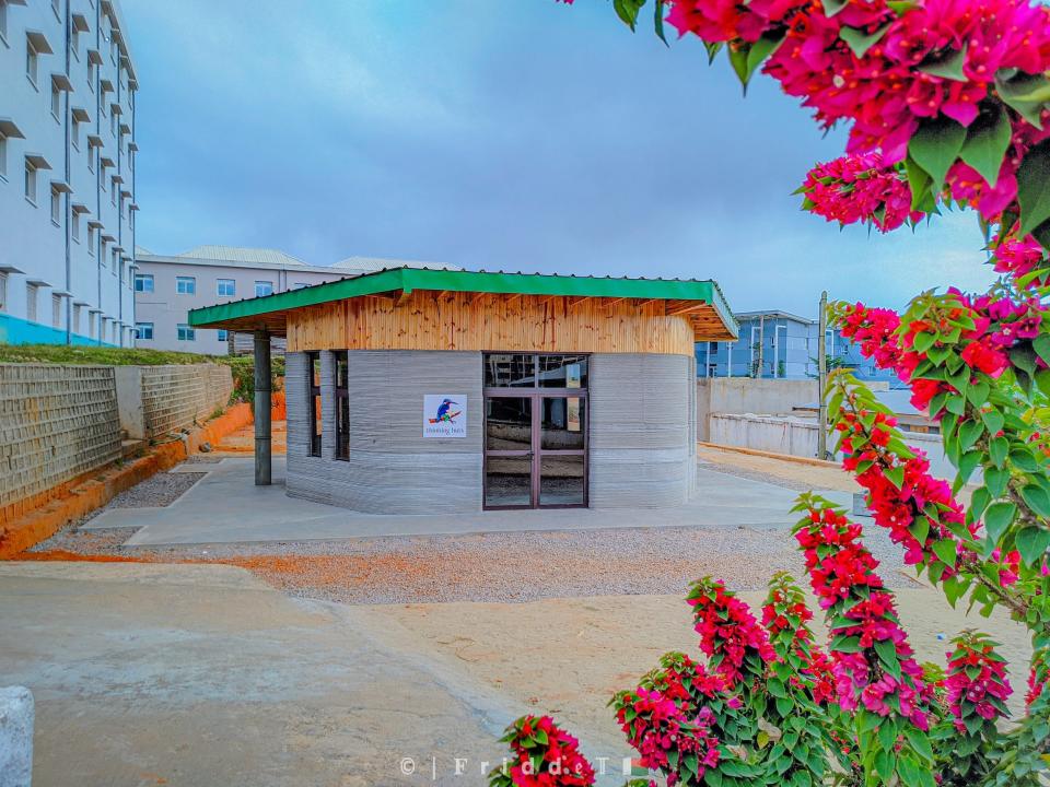 Thinking Huts' 3D printed school building with flowers in the foreground.