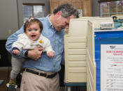 Sen. Sherrod Brown, D-Ohio, votes while holding his granddaughter, Ela Molina, 1, Tuesday, Nov. 6, 2018, in Cleveland. (AP Photo/Phil Long)