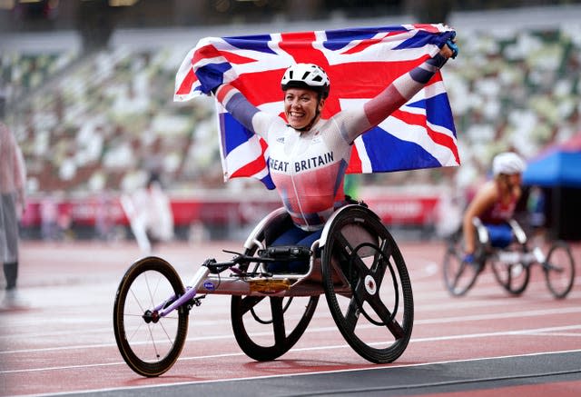 Great Britain’s Hannah Cockroft celebrates after winning the women’s 800m T34 final at Tokyo 2020