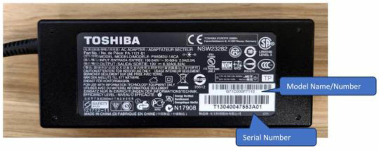 Recalled Toshiba AC adapter. (U.S. Consumer Product Safety Commission)