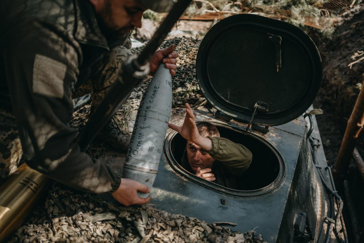 Soldiers from the Ukrainian 63rd Brigade are shooting artillery rounds on the Russian positions from 2S3 Akatsiya, a Russian-made self-propelled howitzer of 152 caliber as Russia-Ukraine war continues in Lyman, Donetsk Oblast, Ukraine on April 13, 2024.