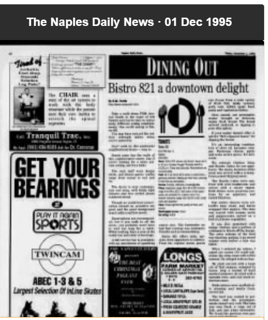 Naples Daily News's Dining Out column's review of Bistro 821 from Dec. 1, 1995.