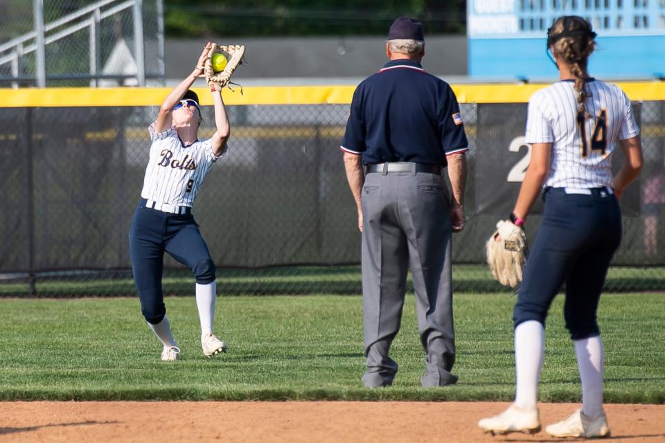 Littlestown center fielder Bailey Rucker (9) catches a shallow fly ball during the YAIAA softball championship at Spring Grove Area School District on May 17, 2023. The Bolts won, 1-0, in eight innings.