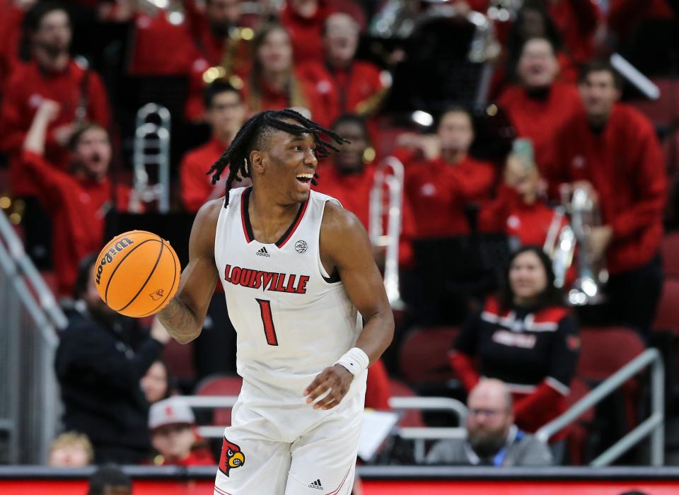 U of L’s Mike James (1) reacted as he dribbled out their 68-58 victory over Georgia Tech at the Yum Center in Louisville, Ky. on Feb. 1, 2023.  The Cards broke a ten game losing streak against Yellow Jackets.